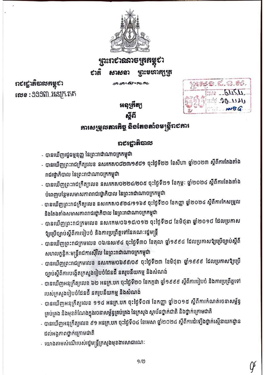 រាជរដ្ឋាភិបាល សម្រេចផ្ទេរប្រធានមន្ទីររៀបចំដែនដី ២រូប (ព្រះវិហារ និងកំពត) ឱ្យមកបម្រើការងារនៅទីស្ដីការក្រសួង